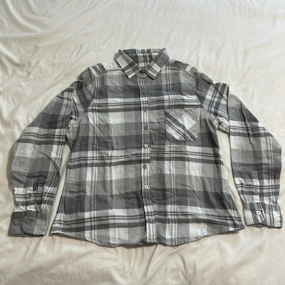 Antigua Womens Grey White Plaid Flannel Button Down Shirt Cotton Size L